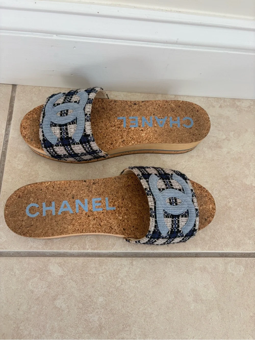 CHANEL Tweed CC Cork Slide Sandals - Light Blue & Black